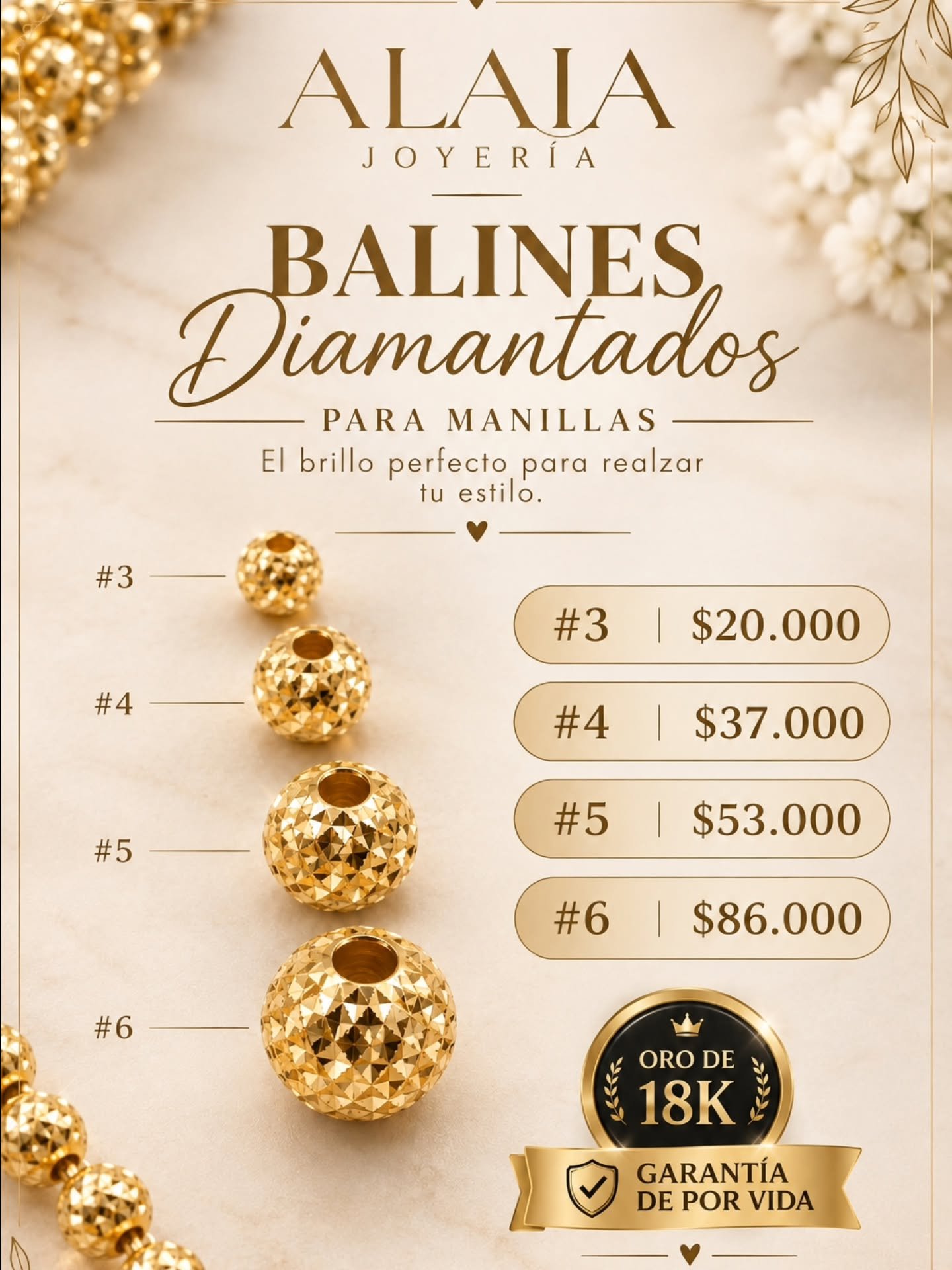 Balines diamantados en oro de 18 quilates